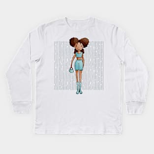 Cute dark skinned girl with a blue outfit and holding a purse in her hand Kids Long Sleeve T-Shirt